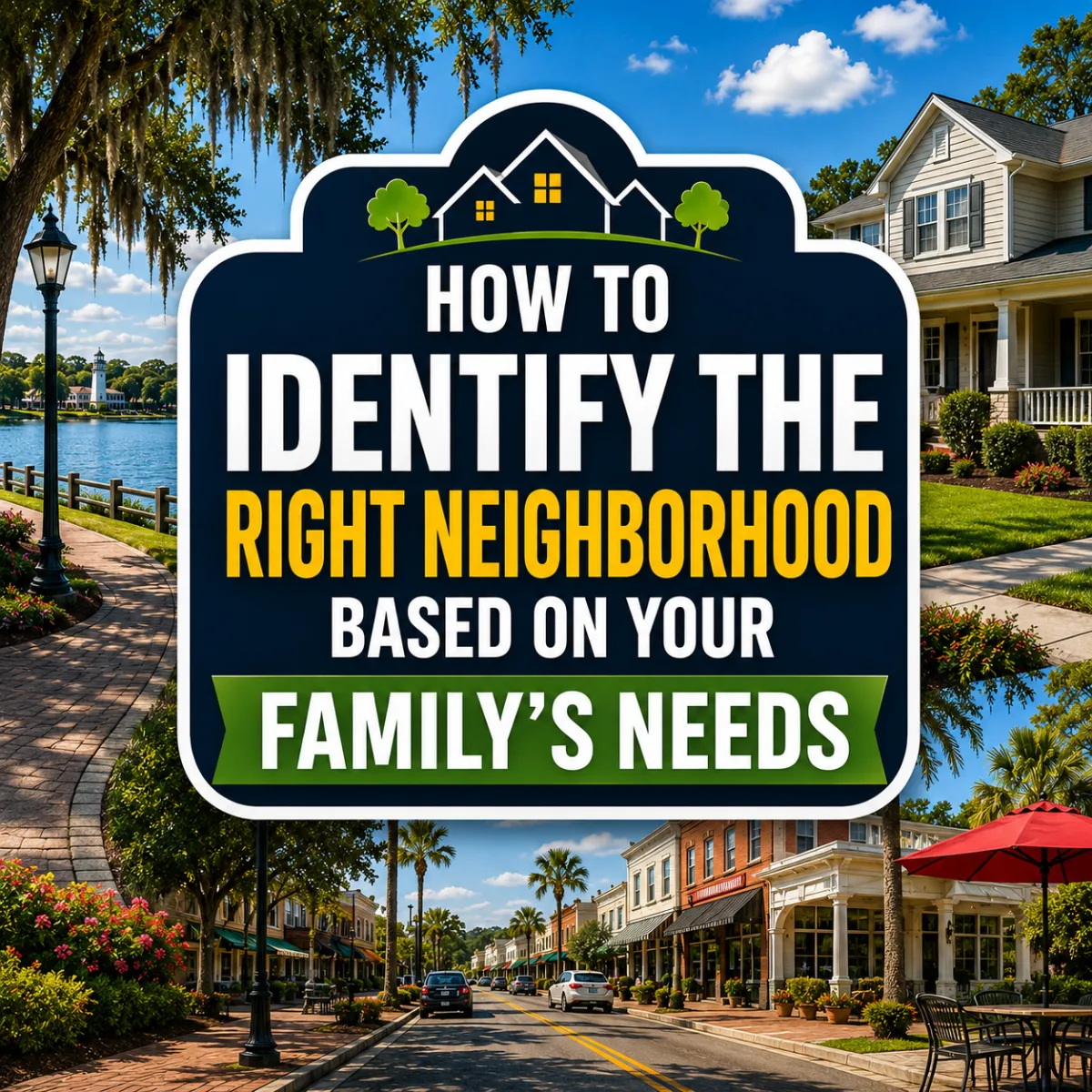 A family explores a welcoming Central Florida neighborhood, walking along a tree-lined street while evaluating nearby parks, schools, and homes to find the best community for their lifestyle and long-term needs.