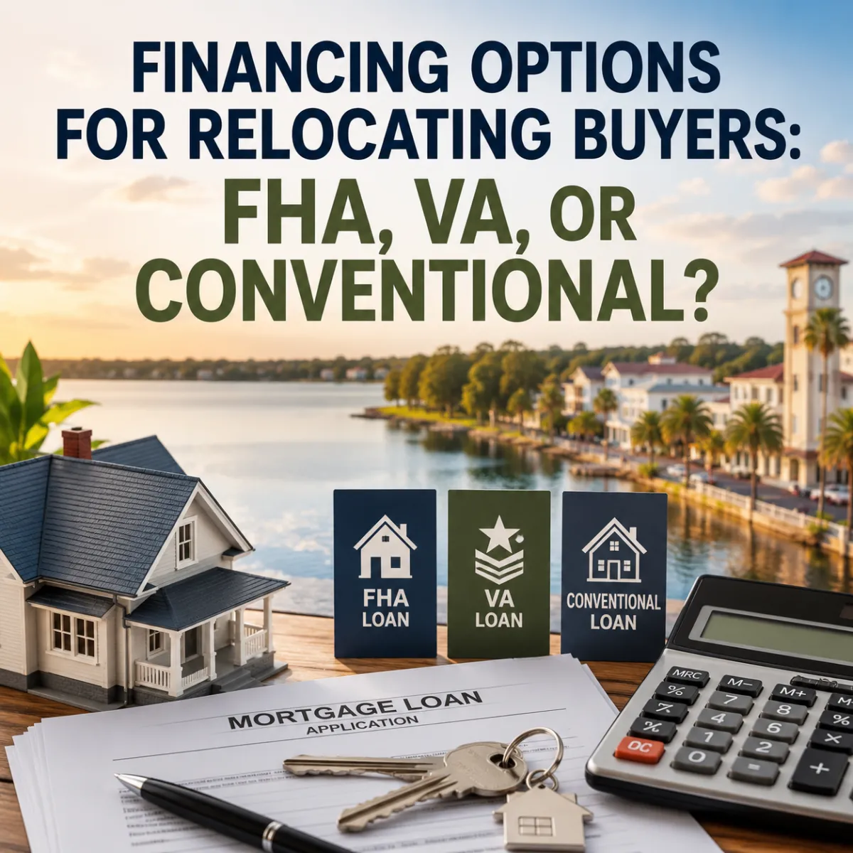 A relocating homebuyer reviews FHA, VA, and conventional loan options with a mortgage professional while planning a move to Mount Dora and comparing financing choices for a home in Central Florida.