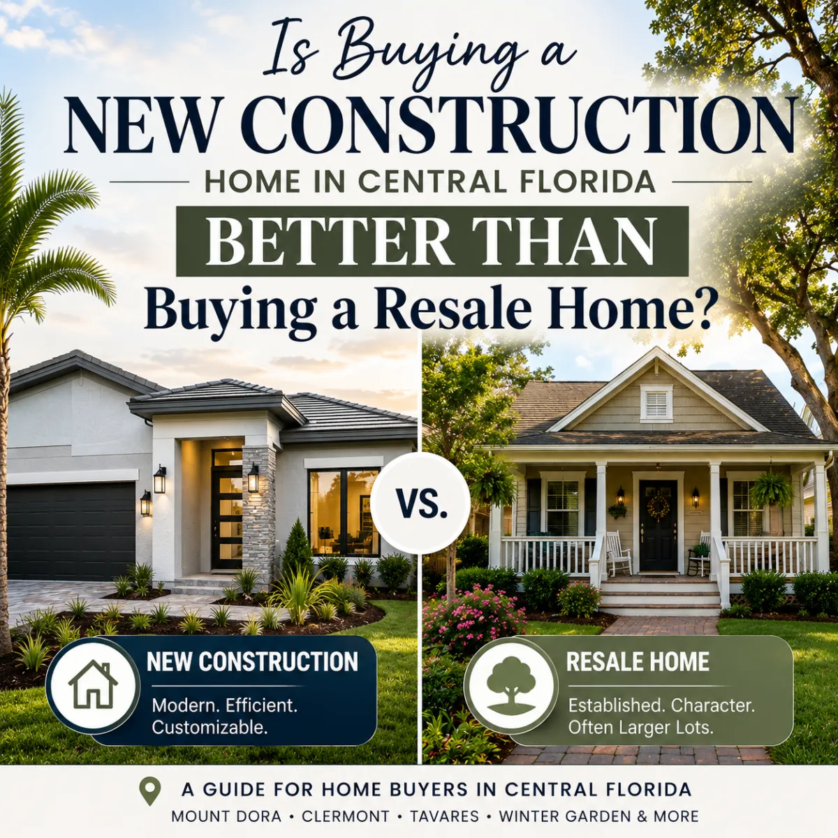 A realtor compares a new construction home and a resale home in Central Florida, helping buyers understand the differences in cost, features, maintenance, and long-term value.