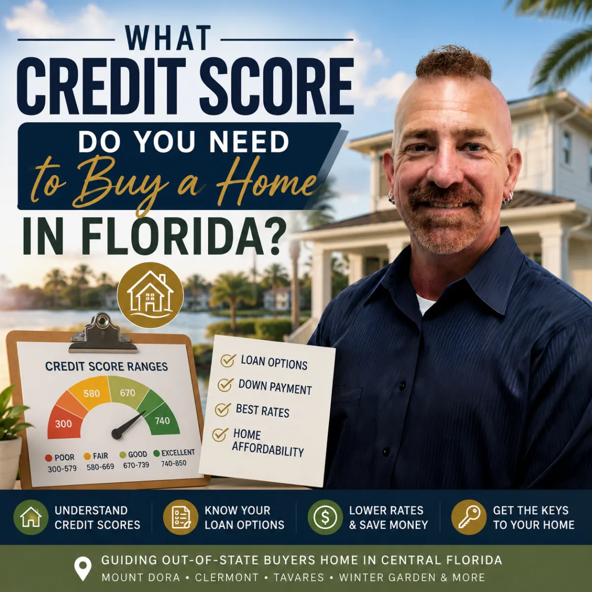 A first-time homebuyer reviewing their credit score while planning to purchase a home in Central Florida with guidance from a local realtor.