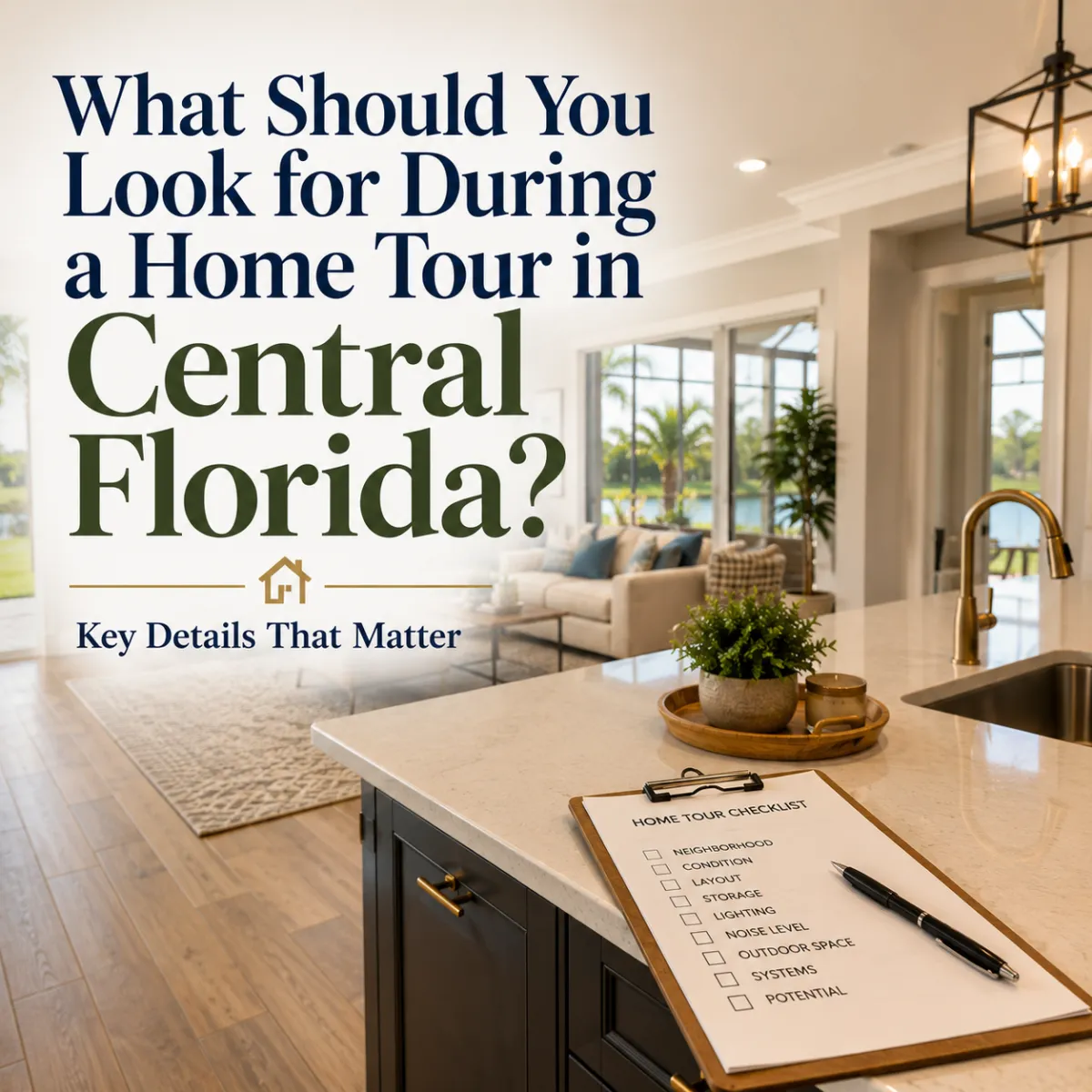 A homebuyer touring a home in Central Florida while checking important features like the layout, storage, roof, and overall condition before making an offer.