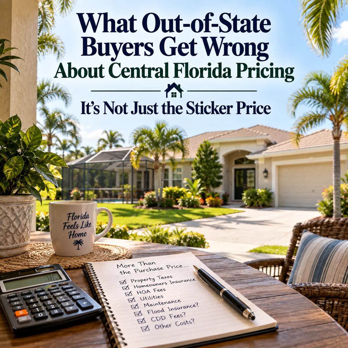 A calculator and house key representing the true total monthly cost of buying a home in Central Florida