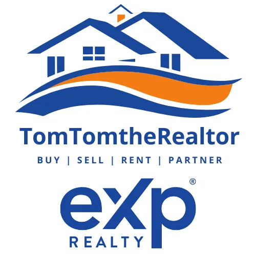 A real estate logo named TomTomtheRealtor brokered by eXp Realty