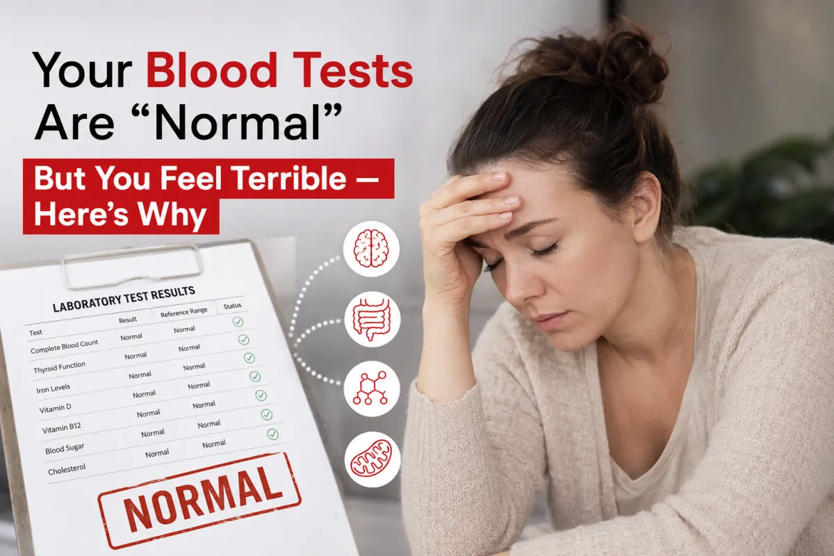 Tired woman reviewing normal blood test results while still feeling exhausted