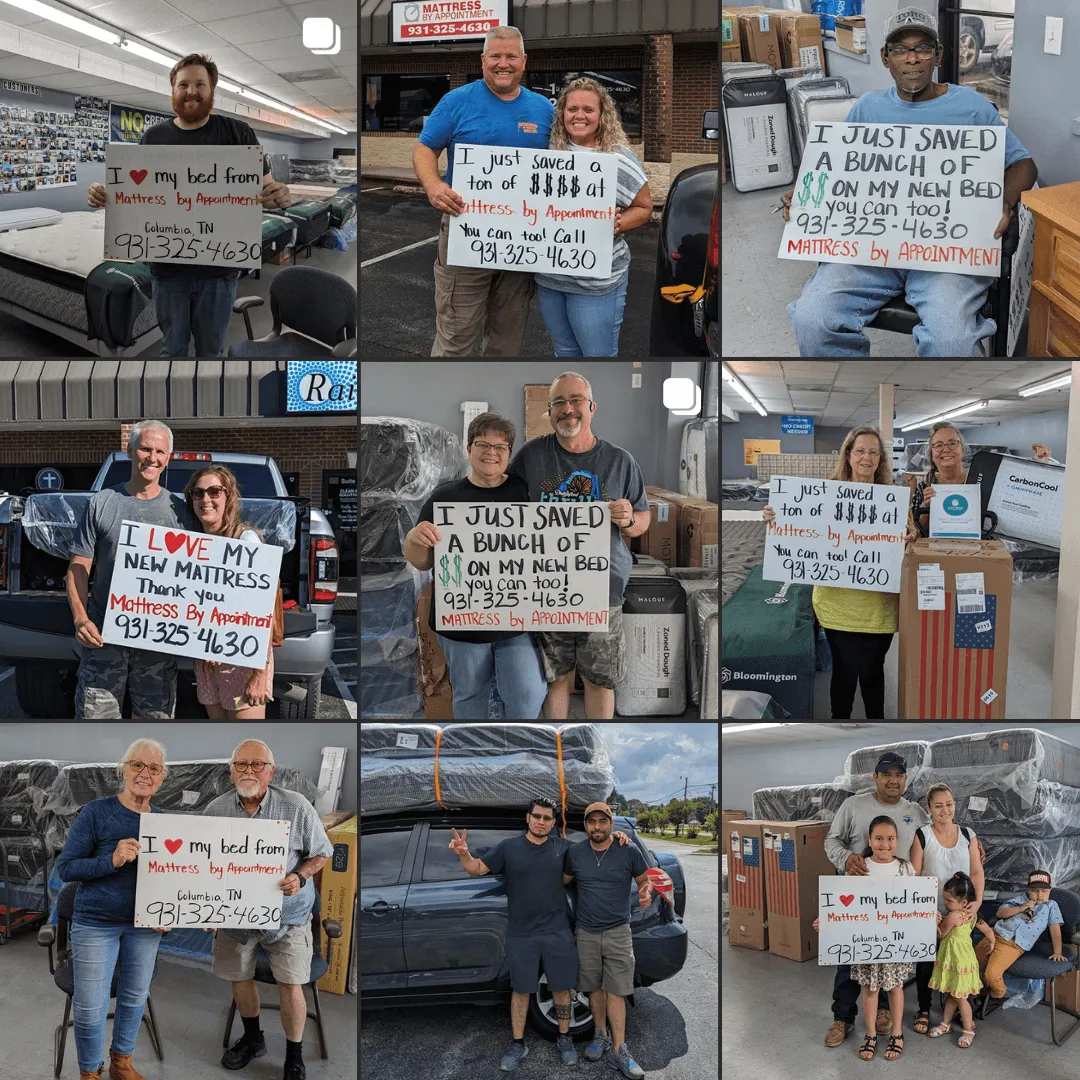 a collage of nine happy customer photos holding a mattress by appointment sign and giving a thumbs up