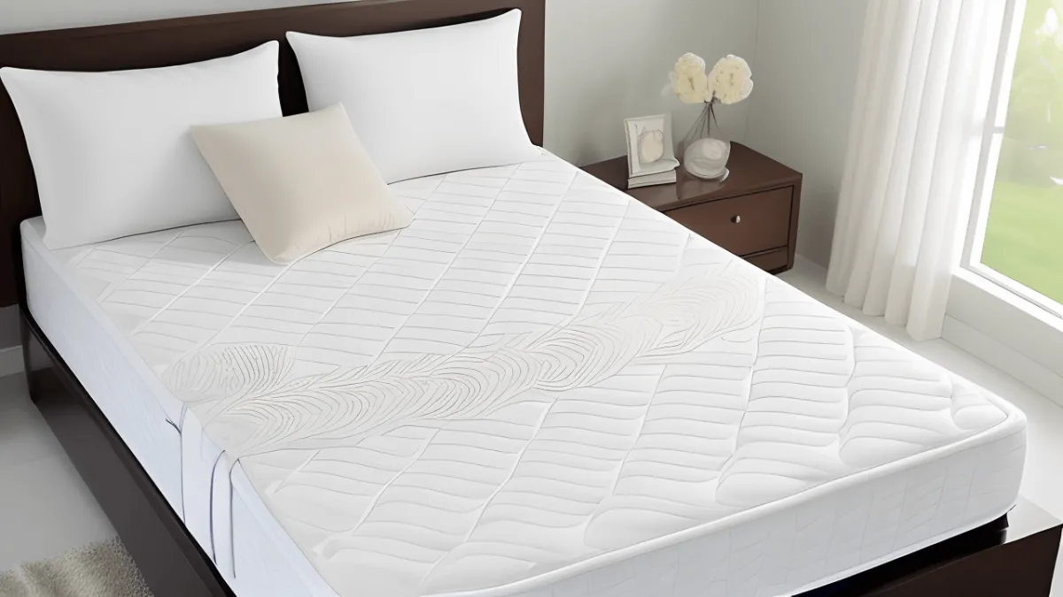 A solid white all foam mattress in a well lit clean bedroom.