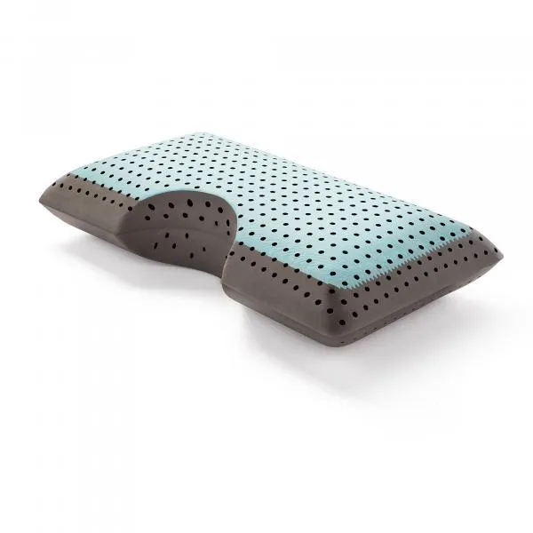 A cooling ventilated gel memory foam pillow with a shoulder cutout.
