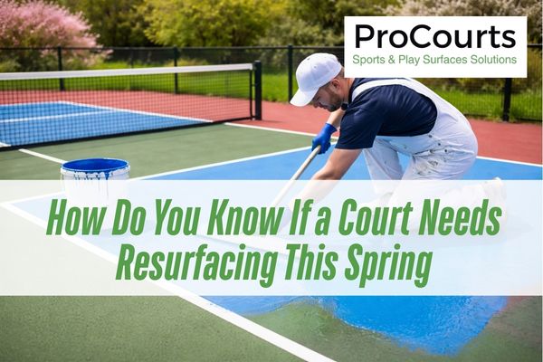 man resurfacing a pickle ball court with a caption How Do You Know If a Court Needs Resurfacing This Spring