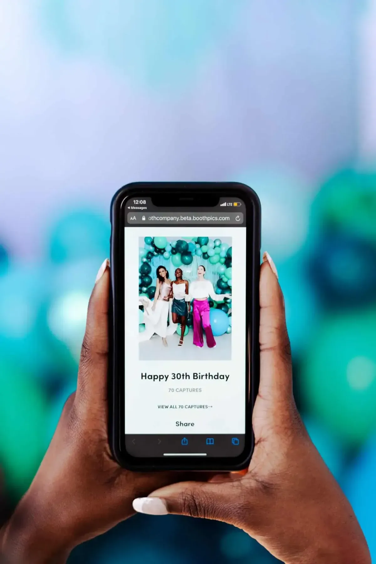 A person holds a smartphone instantly displaying an image of three people and the text "Happy 30th Birthday," capturing the joy of a private birthday party to be shared digitally with loved ones.