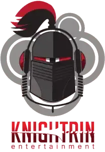 Logo featuring a helmet with headphones, resembling a knight's helmet. Red plume, gray and red color scheme. Text reads "KNIGHTRIN entertainment" below the image, representing premier DJ service for corporate events and weddings.