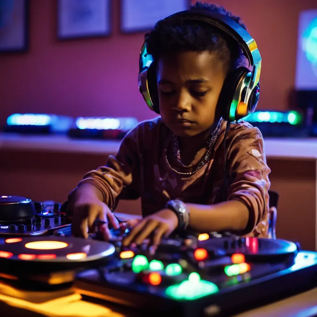 A child wearing headphones is focused on DJ equipment, with colorful lights from the DJ service illuminating the scene.