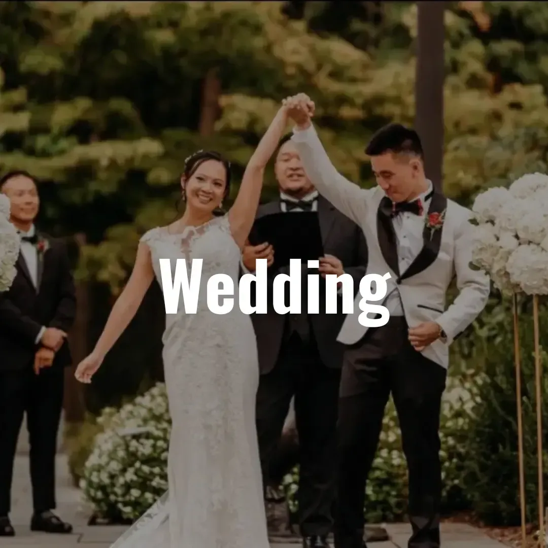 A bride and groom celebrate at an outdoor wedding ceremony, holding hands and smiling, with groomsmen, floral decorations, and a Wedding DJ setting the perfect mood in the background. The word "Wedding" is overlaid.