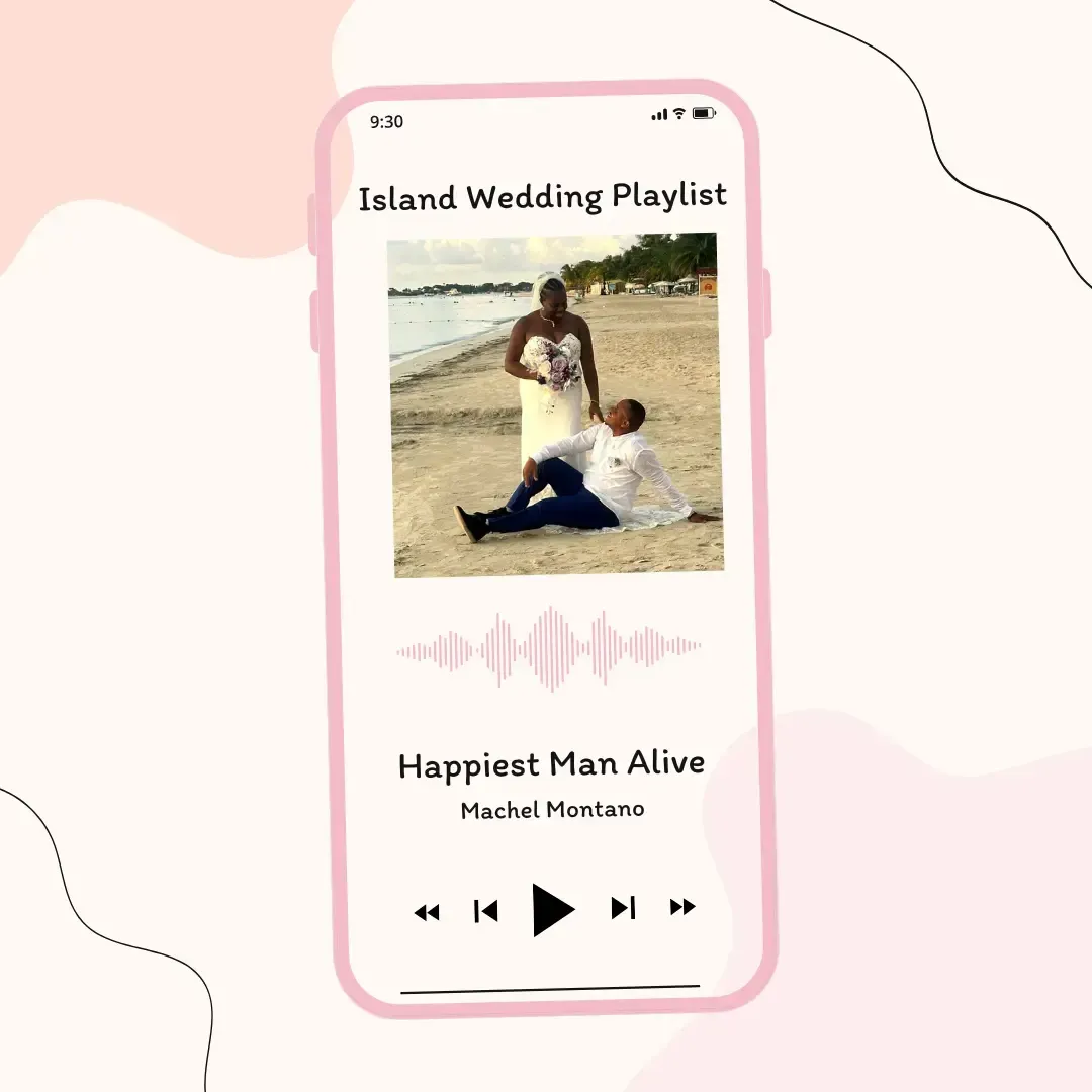 A phone screen displays an "Island Wedding Playlist" by a Caribbean wedding DJ, featuring "Happiest Man Alive" by Machel Montano and a beach wedding photo of a couple, set over a pastel abstract background.