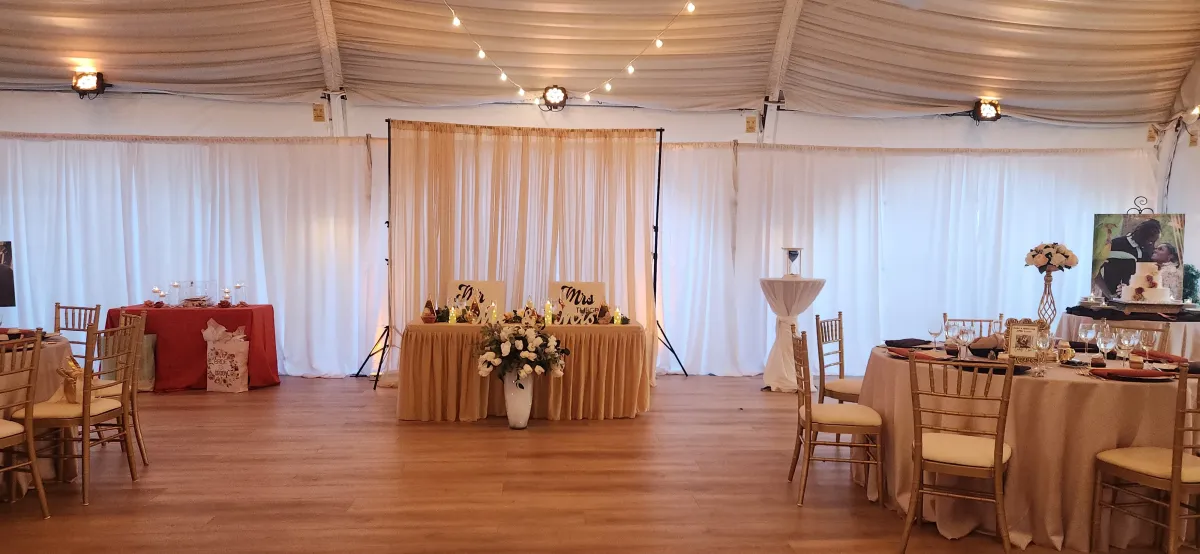 A round table set for six with white linens, arranged silverware, a floral centerpiece, small decorative items, a menu, and a table number card displaying 16—perfect for an intimate Mirco Wedding Virginia celebration.