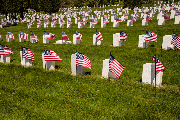 King Veterans Memorial Cemetery, Wisconsin, with many military graves of veterans adorned with American flags on Memorial Day