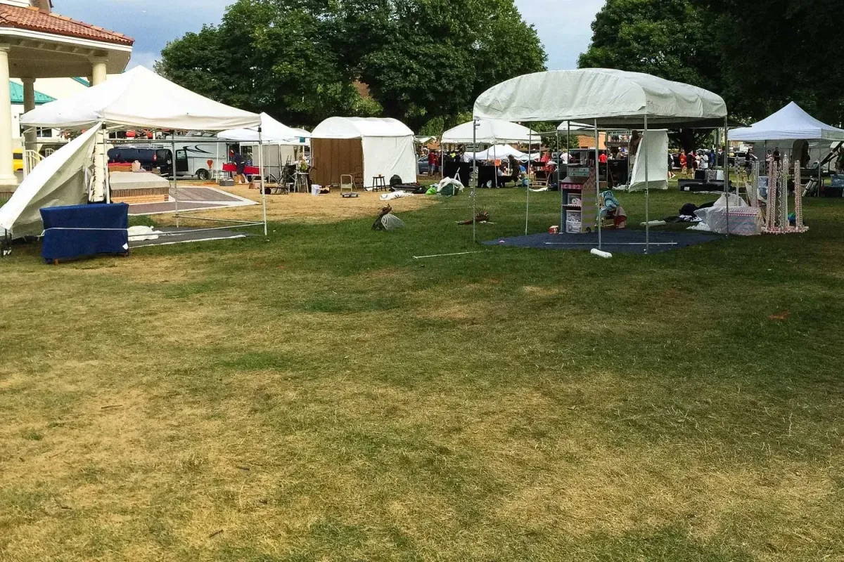 Art fair, where the tents are starting to be torn down at the end of the show