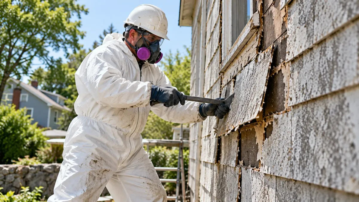 Professional asbestos removal contractor in Lynn, MA wearing protective safety equipment while removing deteriorated asbestos siding from a residential home.