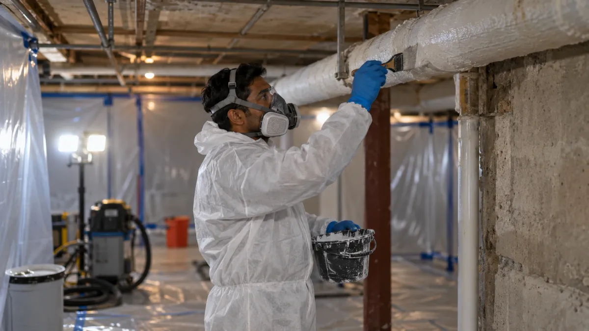 Asbestos encapsulation technician applying protective sealant to insulated pipes inside a contained basement work area in Somerville, MA.