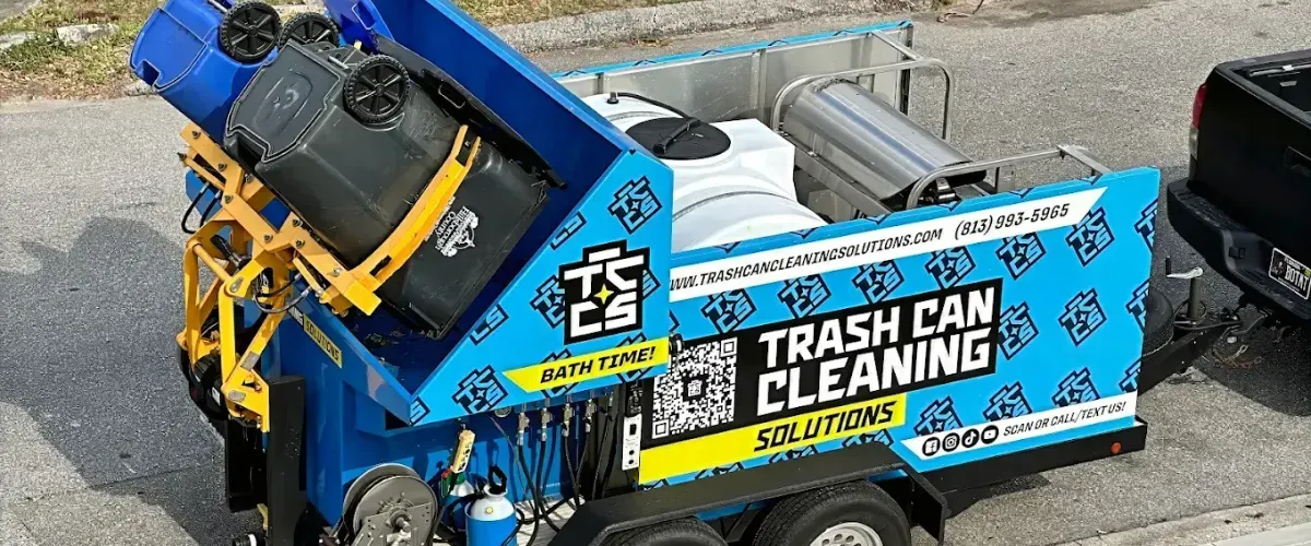 Professional trash bin cleaning service – Specialized trash can cleaning equipment in action.