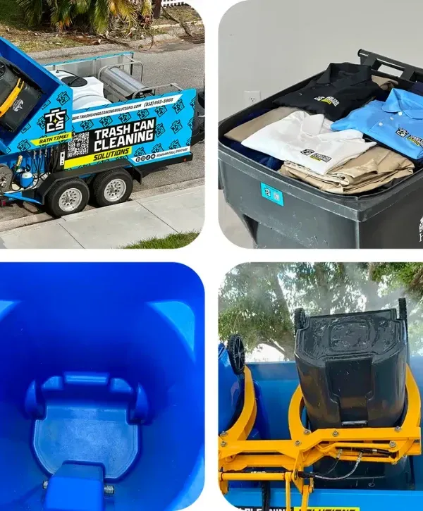 Professional trash can cleaning service equipment and uniforms ready for use.