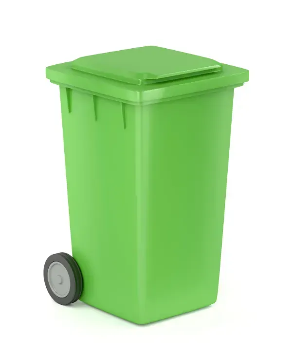 A green outdoor trash bin with wheels and a closed lid isolated on a white background.