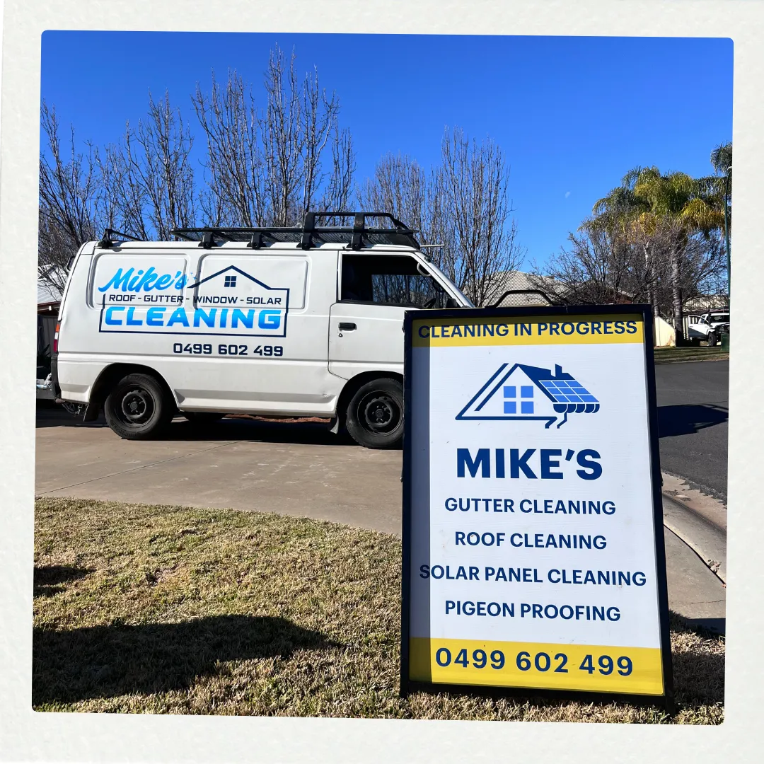 Mike's professional cleaning van and signage - gutter cleaning, roof cleaning, solar panel cleaning, and pigeon proofing services Mildura