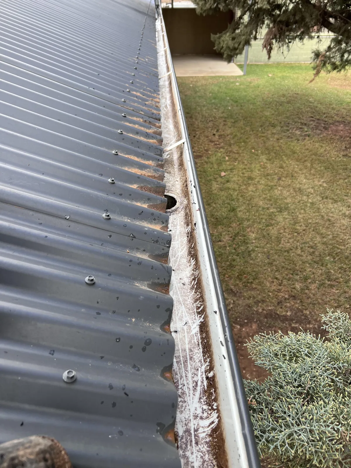 full gutter debris removal and downpipe flush by Mike’s Window, Gutter & Solar Cleaning.
