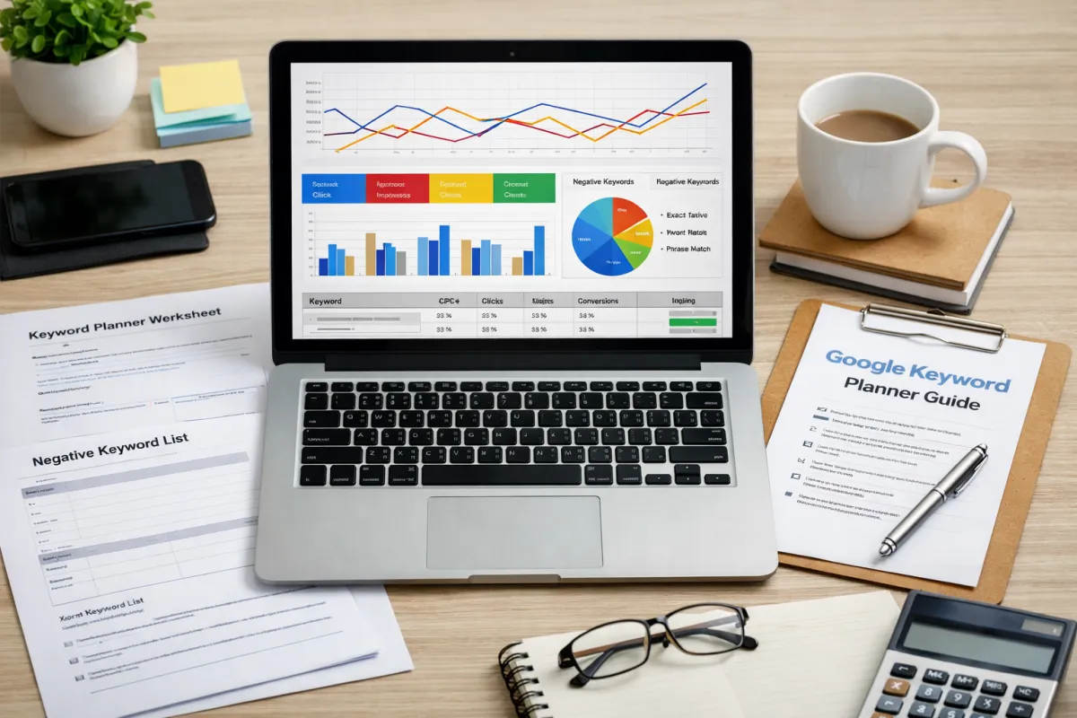 Google Ads keyword training workspace with analytics dashboard and worksheets