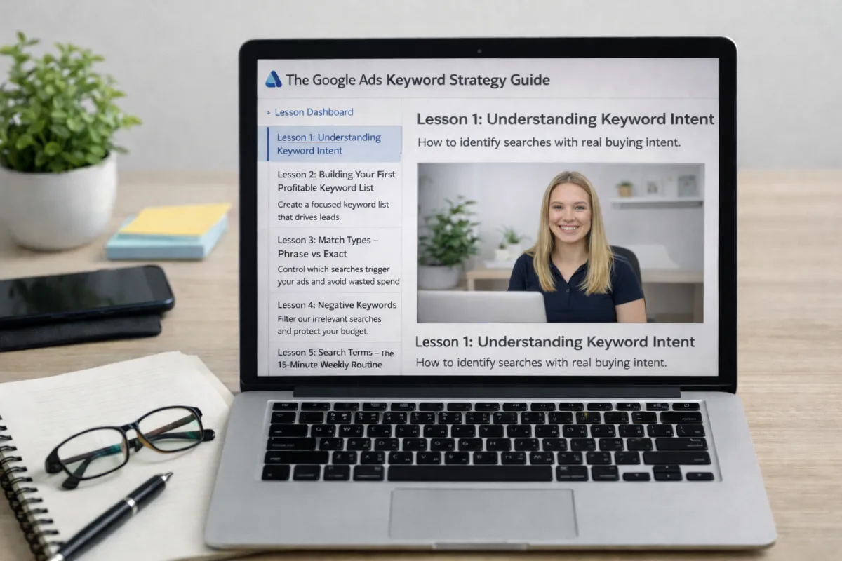Online Google Ads course dashboard showing five lessons from The Local Keyword Playbook on a laptop