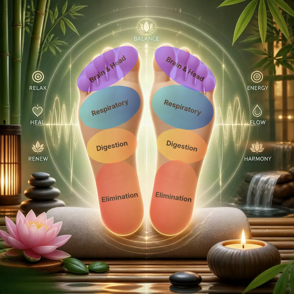Minimalist foot reflexology map illustration with calming natural aesthetic and acupressure frequency energy zones