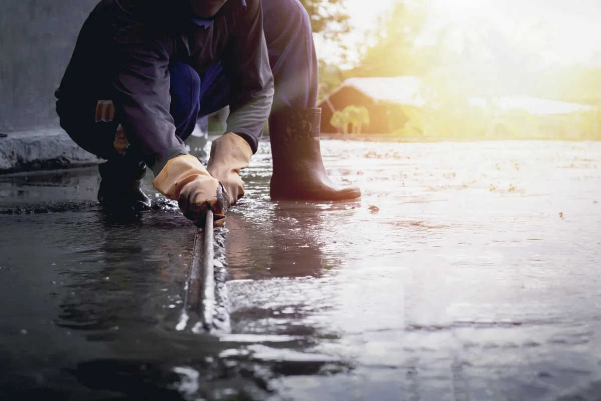 Plumber clearing an outdoor drainage trench filled with standing water after flooding.