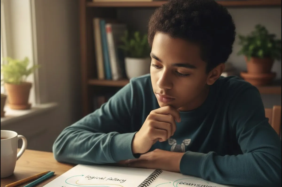 Teen connecting academic concepts like logical fallacies and cognitive bias to real-life relationship red flags in a notebook—recognizing manipulation through critical thinking skills