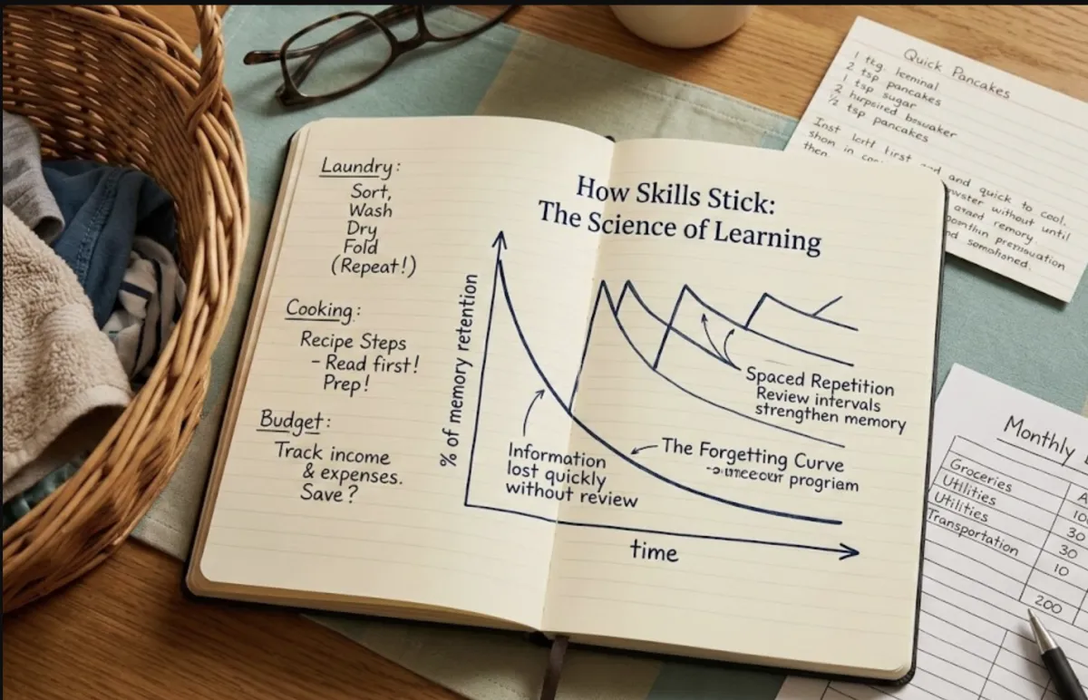 Learning science diagram showing forgetting curve and spaced repetition alongside real-world life skills objects — why life skills don't stick and what makes them transfer
