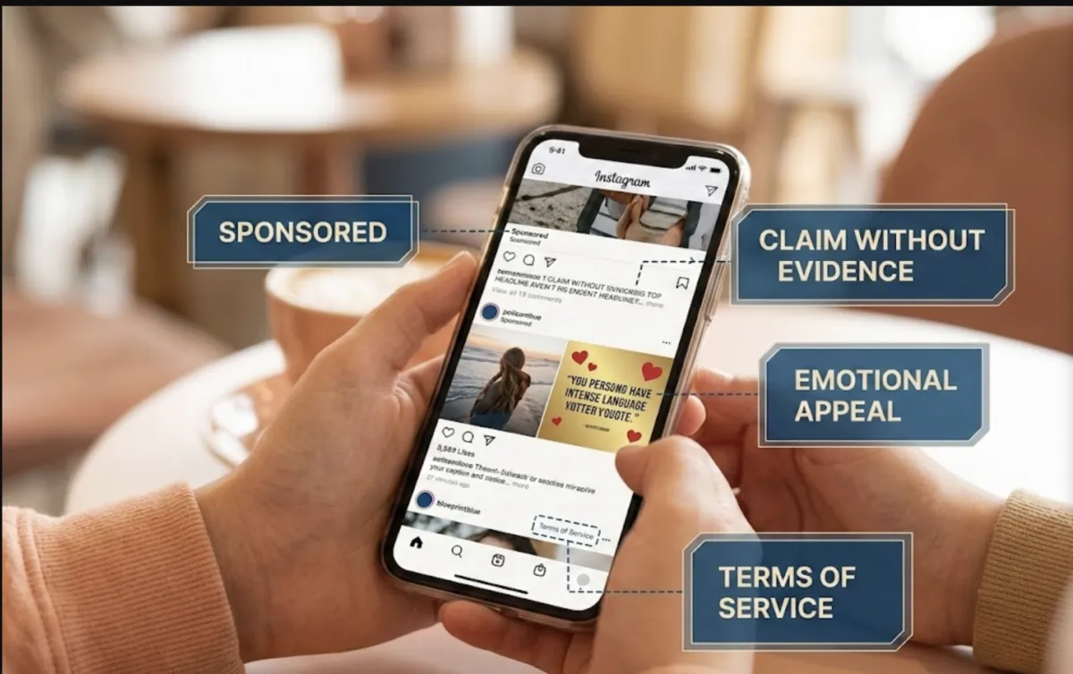 Teen holding phone with media literacy callouts highlighting sponsored content, emotional appeals, and hidden terms — digital citizenship skills for teens.