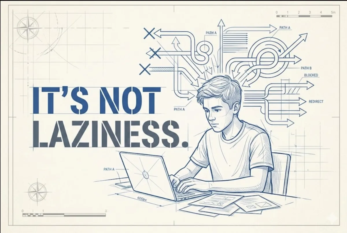 Illustration of a teen experiencing executive function challenges with visible thought patterns, representing neurodivergent teen behavior