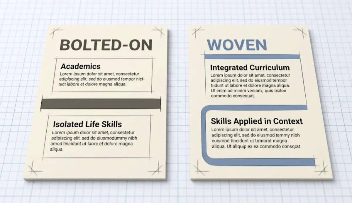 Side-by-side document mockups illustrating the difference between  bolted-on and woven real-world learning in a standards-aligned curriculum  for teens