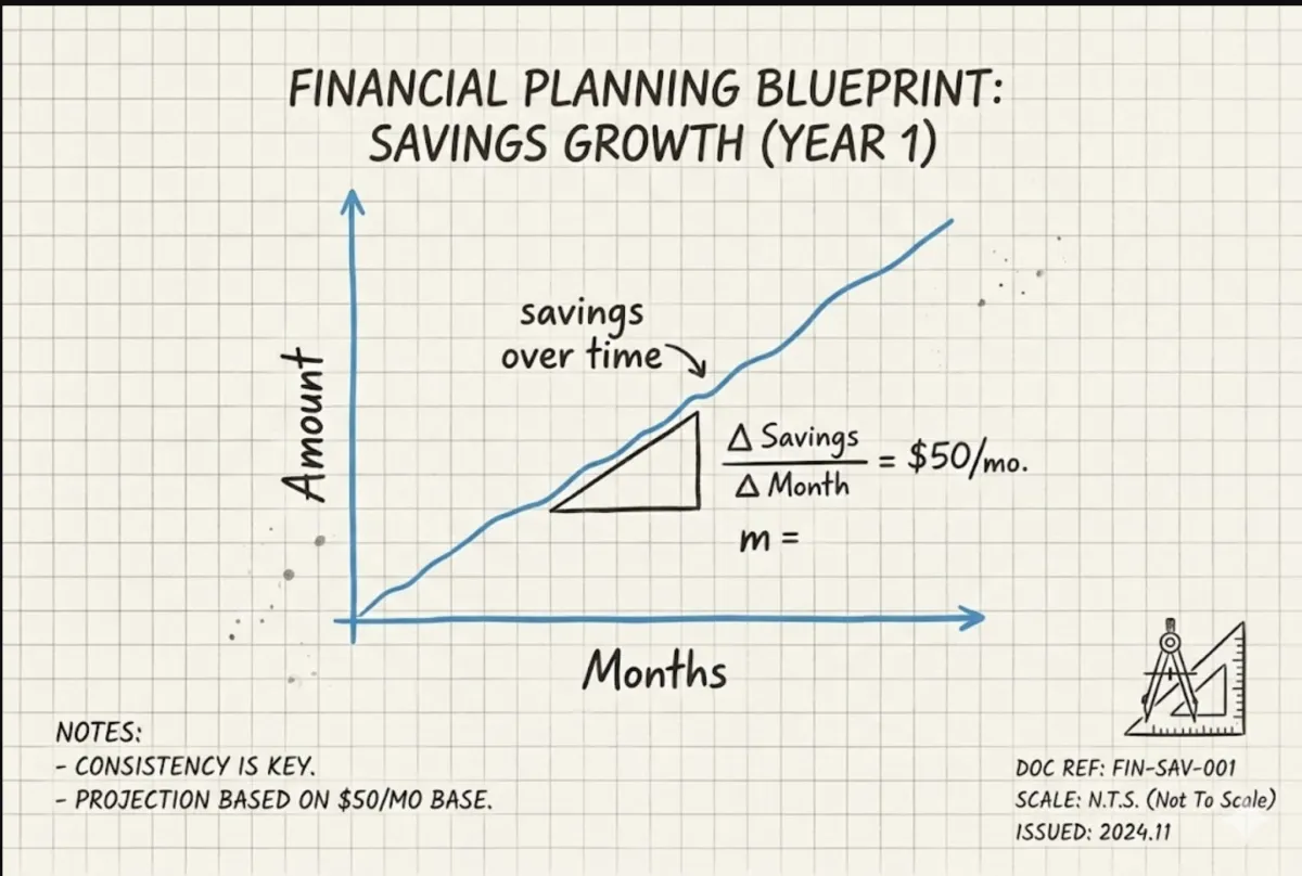 Hand-drawn style annotated graph connecting slope to a real-world savings  example, illustrating personalized Algebra 1 instruction for teen learners