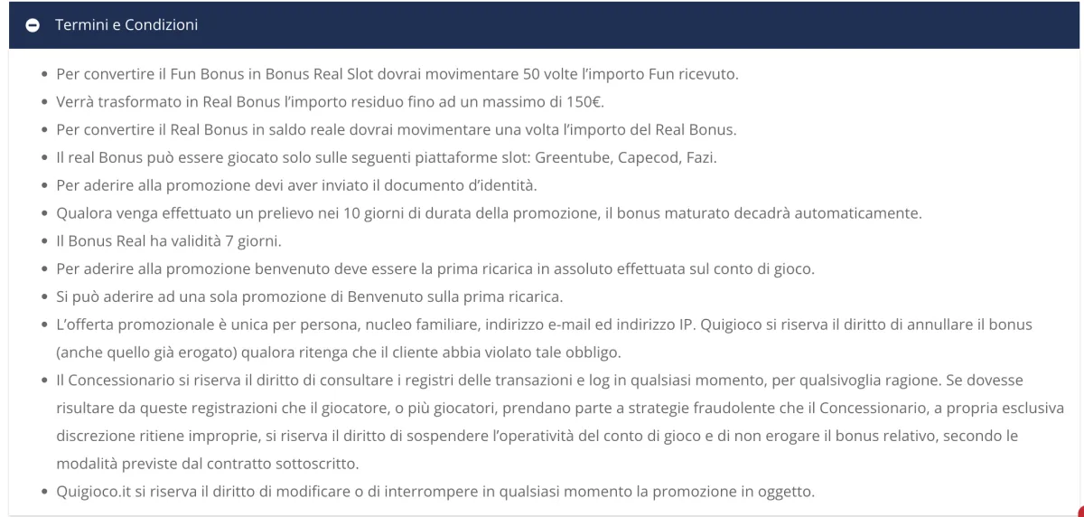 Esempio di Termini e Condizioni Bonus Quigioco