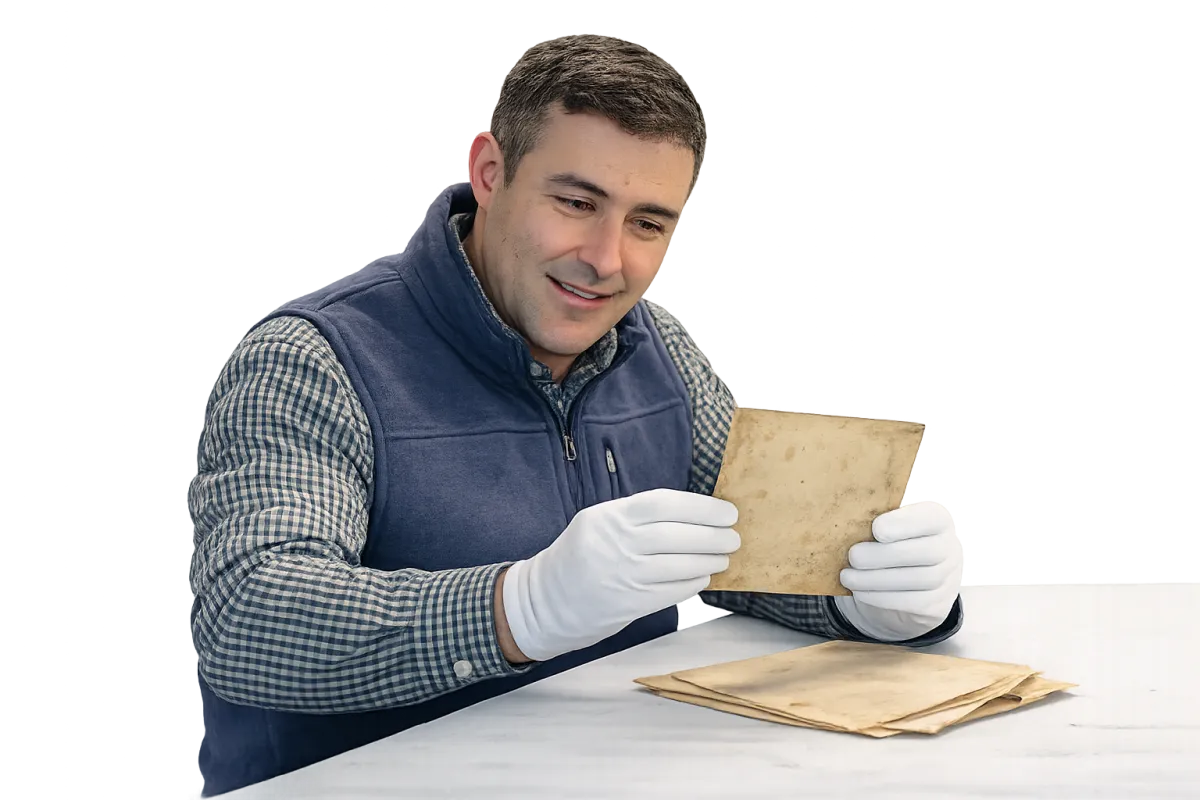 A photo of John the owner of The Beacon Studio holding an old photograph of a boy that needs photo restoration