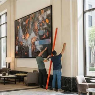 Large abstract artwork being professionally installed on a commercial interior wall