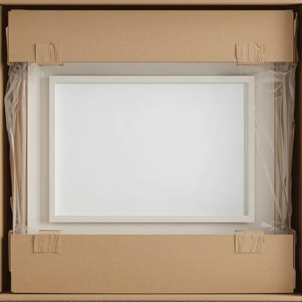 packaged framed artwork secured for shipping in protective materials on a clean background