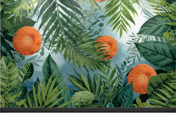 Custom wall mural with tropical botanical design installed in interior space