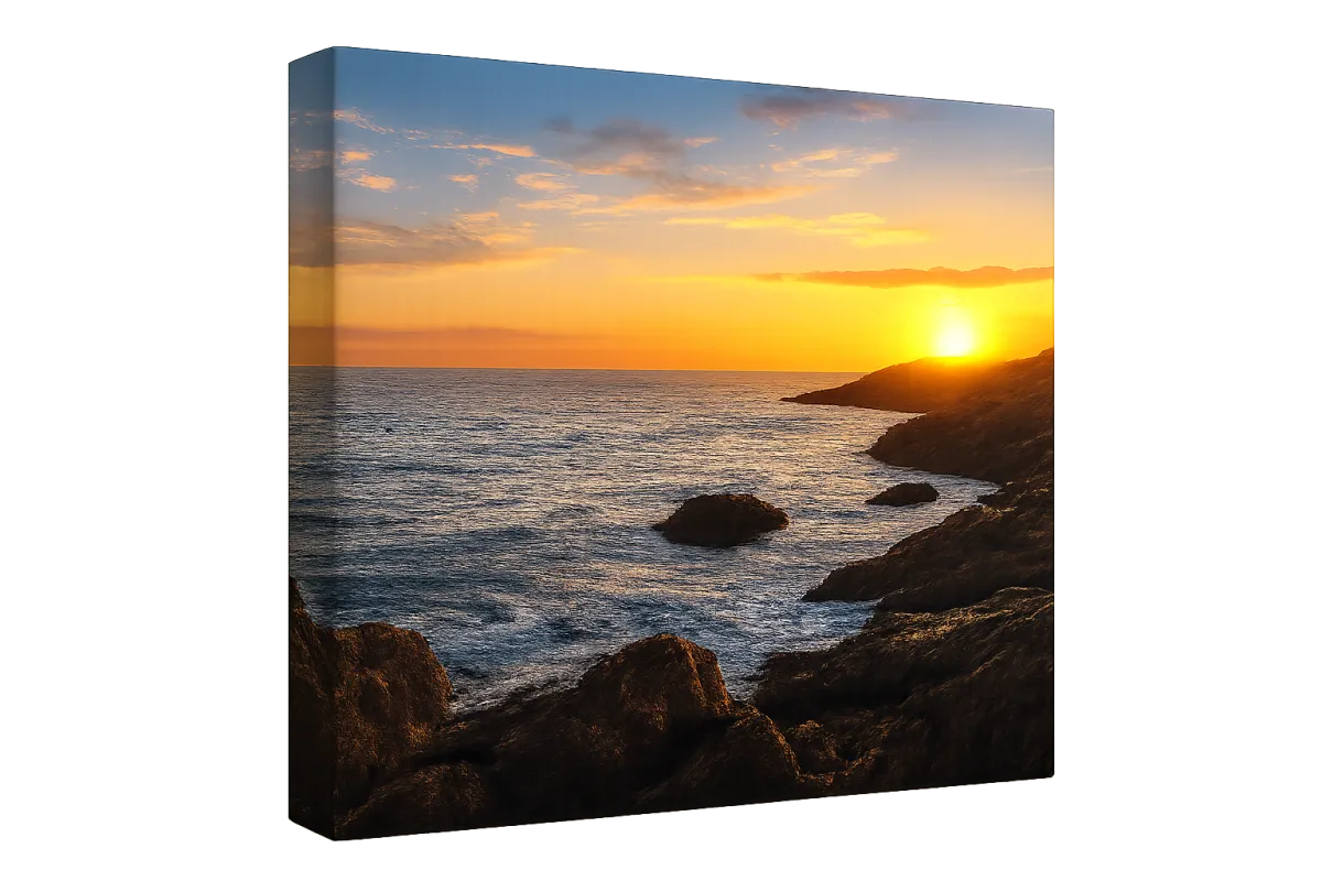 Canvas print with full image wrap edge finish extending sunset photography around canvas sides