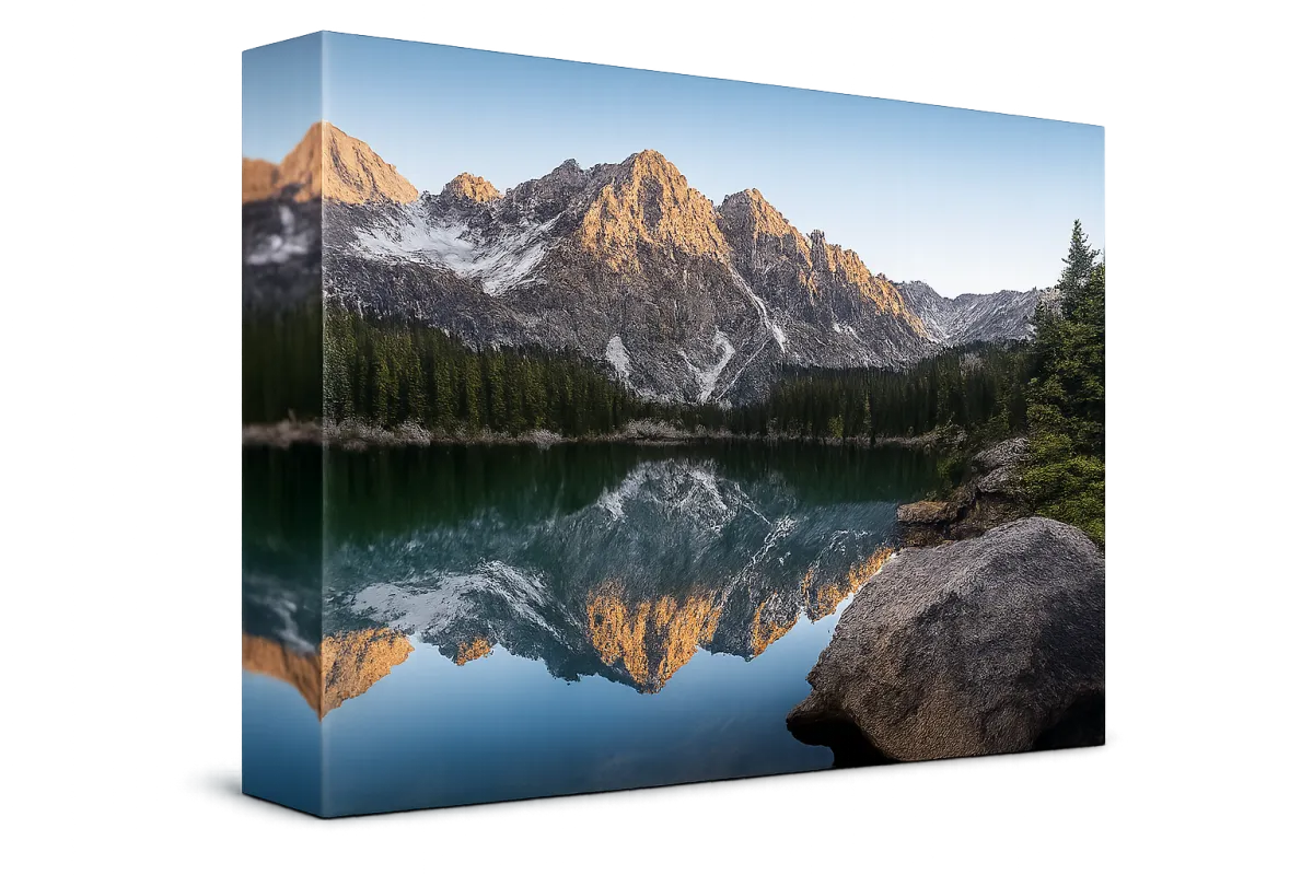 Canvas print with mirrored edge wrap showing reflected mountain landscape image on canvas sides