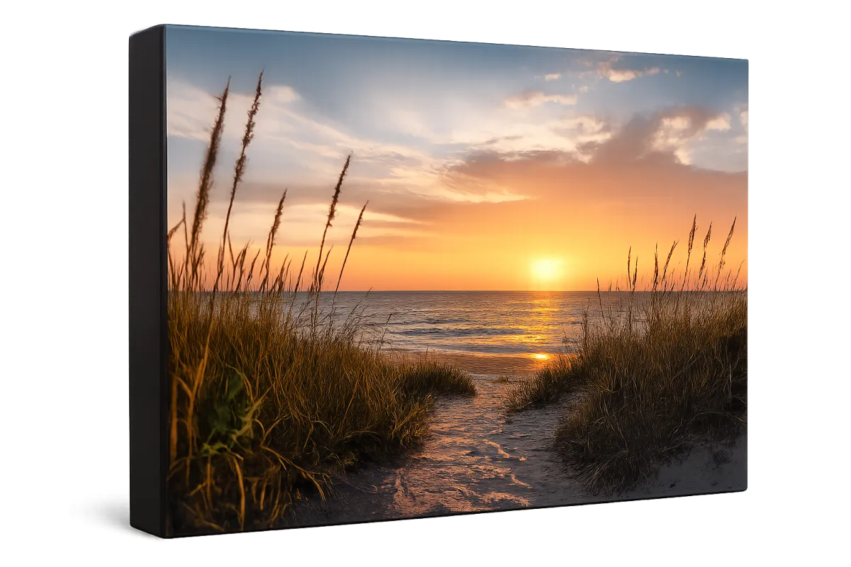 Canvas print with black colored edge finish and coastal sunset photography on front face