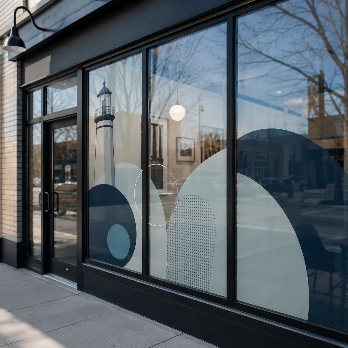 Commercial glass wall graphics with geometric privacy film inside contemporary Boston office interior