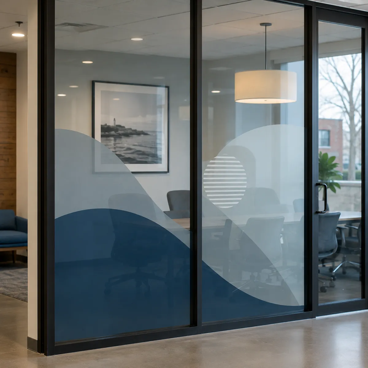 Modern office conference room with custom frosted window graphics and branded privacy vinyl installation