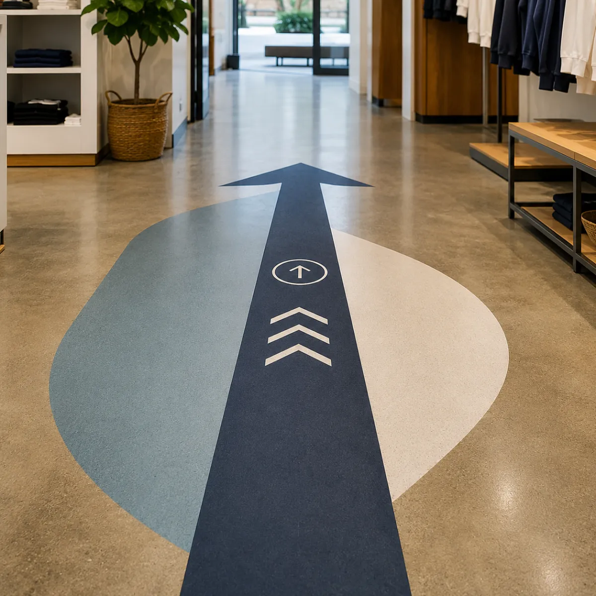 Custom commercial floor wayfinding graphics inside modern retail and showroom environment with directional vinyl floor installation