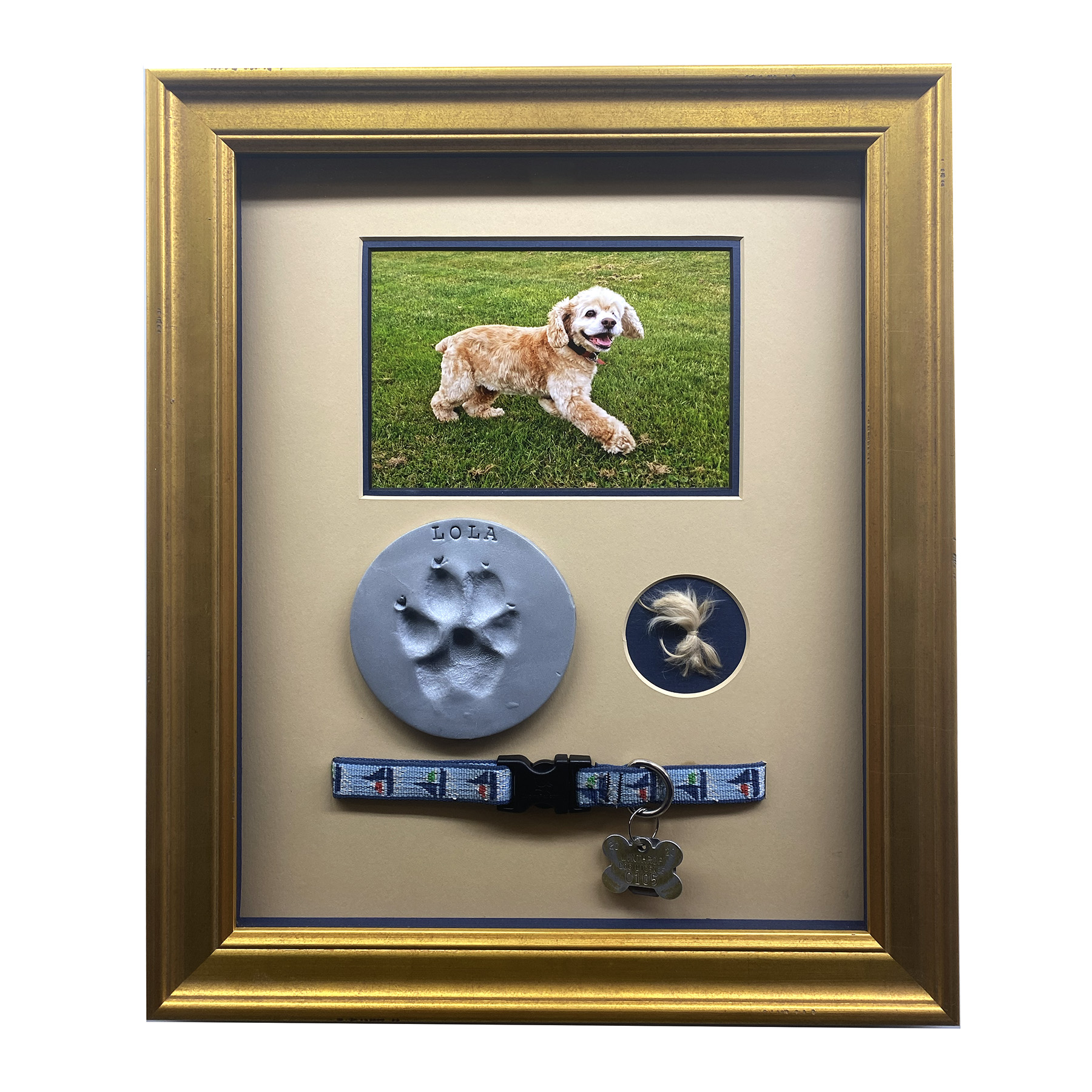 Custom pet memorial shadow box framing with photograph, paw print, collar, and keepsake display presentation