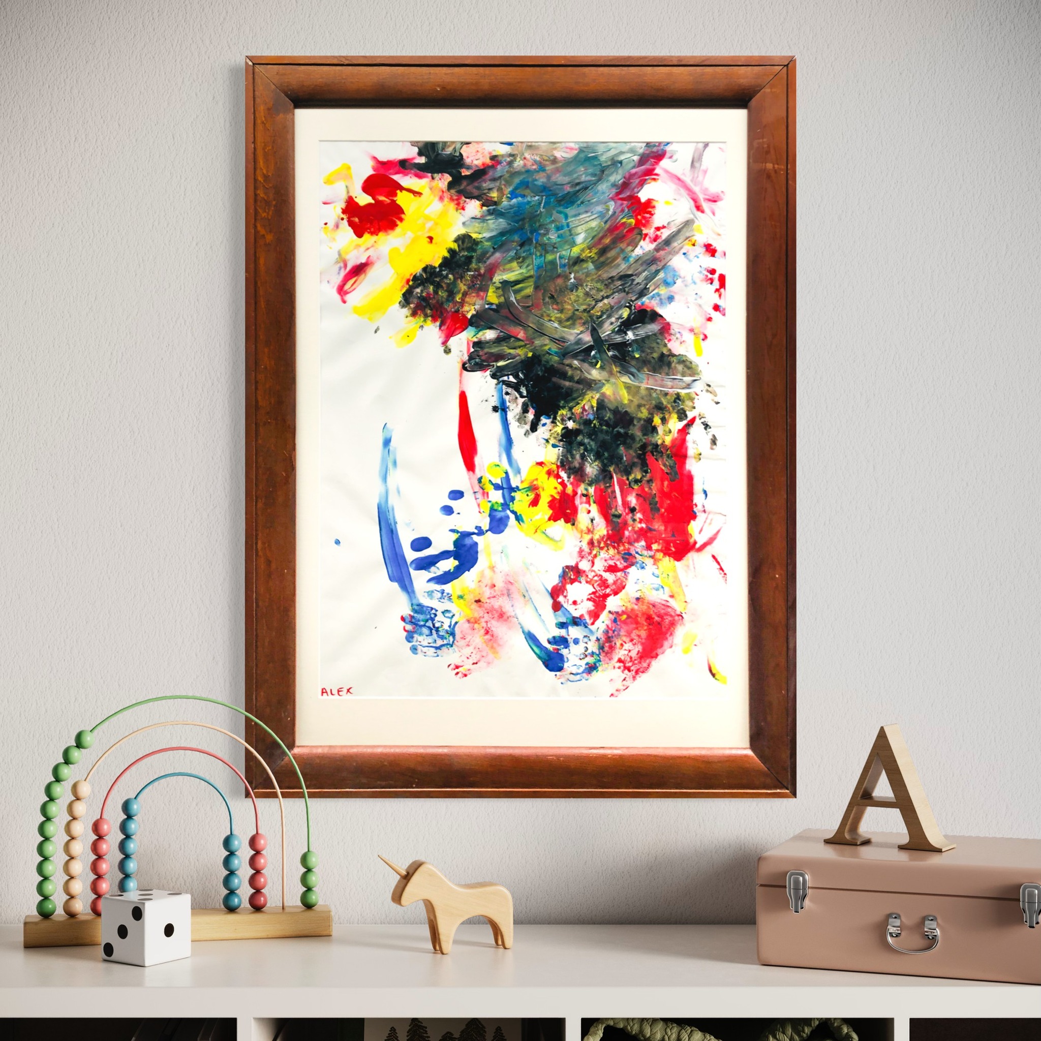 Traditional wood frame used for colorful abstract painting with residential wall display presentation